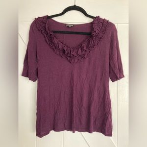 Express | Eggplant Purple Blouse with ruffled neckline and quarter sleeve